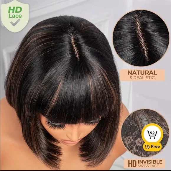 Highlight Blonde Short bob Lace Human Hair Wig Brazilian Straight With Bangs - Picture 2 of 5